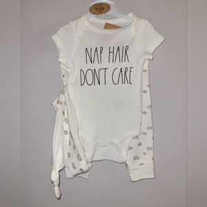 🆕️ Rae Dunn Nap Hair Don't Care 3 Pc Baby Outfit Onesie Pants Hat Set 0-3 Month